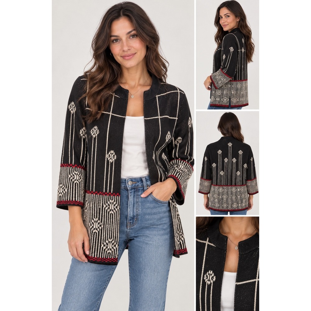 Vertigo Paris Sweater Womens Medium Black NEW Geometric Knit Open Front NWT